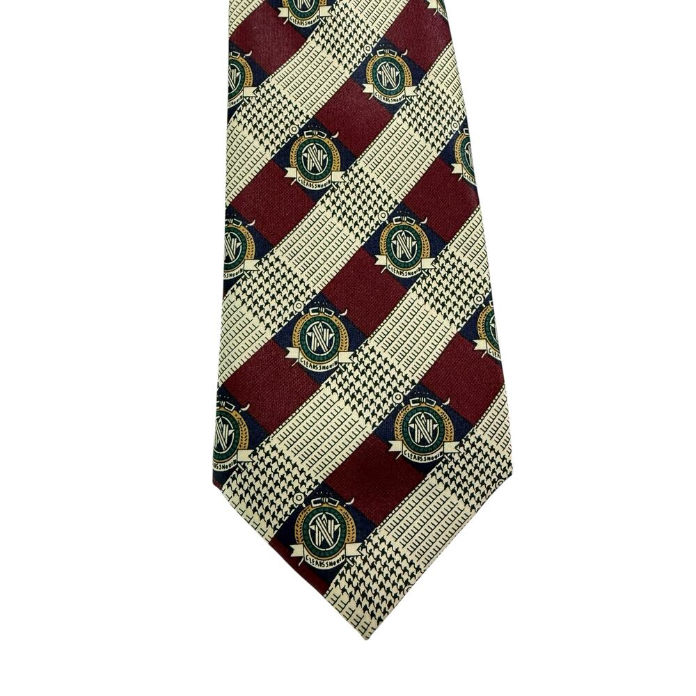VTG Rene Chagal Silk Tie Burgundy Cream Crest Medallion Houndstooth Neck Tie